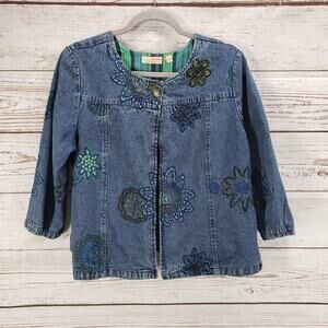Choices Women's Boho Floral Embroidered Blue Denim Jacket Size L